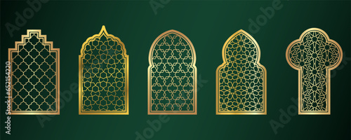 Golden Ramadan windows. Islamic door frames with ornament. Arabic mosque arch on green background. Islamic vector decoration