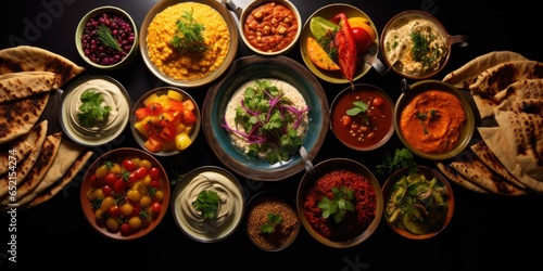 an array of Arabic dishes are arranged one onto the other, in the style of birds eye view, generative AI