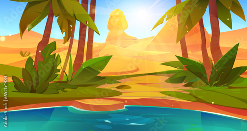 Oasis lake in sandy desert with sphinx statue. Vector cartoon illustration of small pond with blue water surrounded by green grass and exotic palm trees, dune landscape, hot sun shining bright in sky