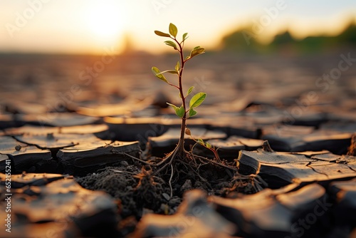 lone tree seedling sprouts on parched earth - climate change concept (Generative AI)