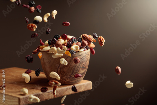 Flying dried fruits and nuts.