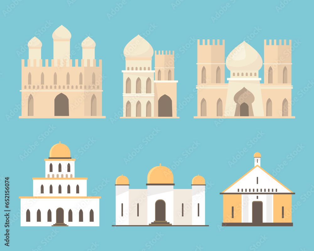 Churches and mosques for worshiping vector illustrations set. Arabic and Christian temples and buildings, religious places for believers to pray. Religion, faith, architecture concept