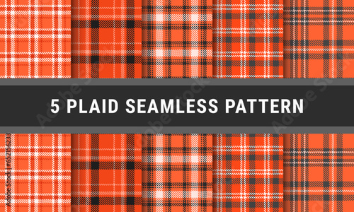 Orange Black White Set Tartan Plaid Seamless Pattern. Checkered fabric texture for flannel shirt, skirt, blanket 