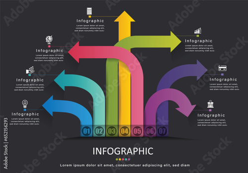 Vector infographic on a gray-black background, 7 arrows pointing in different directions with clearly separated colors for presentations on education, finance, management and banking.