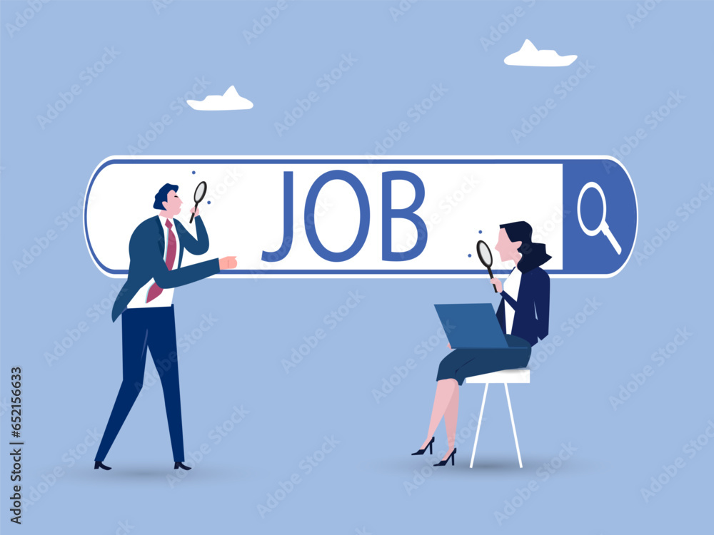Employees looking for job, Employees using magnifying glass searching a job on the search bar, looking for employment and job vacancy concept. vector illustration. Employees looking for job, Employees using magnifying glass searching a job on the search bar, looking for employment and job vacancy concept. vector illustration.