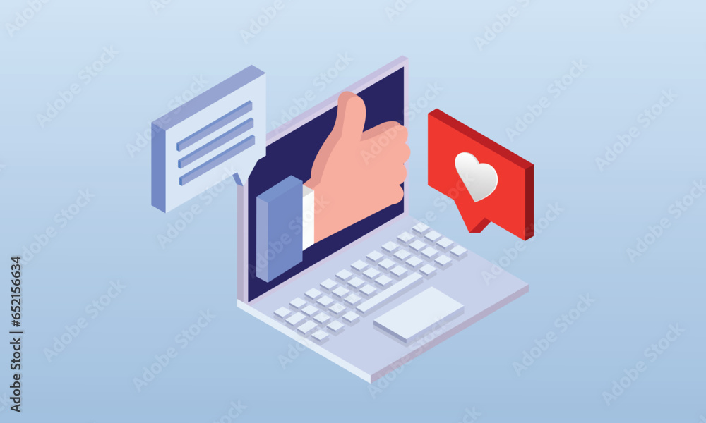 Laptop computer with thumb up and heart.on blue background.3D design.isometric vector design Illustration. Laptop computer with thumb up and heart.on blue background.3D design.isometric vector design Illustration.