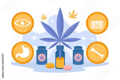 Marijuana as medical treatment and benefits vector illustration. Cartoon drawing of cannabis oil or pills helping with eyesight, digestion, bones and skin. Alternative medicine, treatment concept