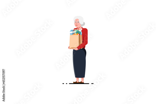 Old woman standing carrying grocery bags on isolated background, Vector illustration.