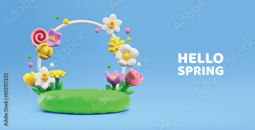 Realistic plasticine flowers, arch on the lawn, 3D clay or dough texture, vector sculpting blossom Hello spring poster