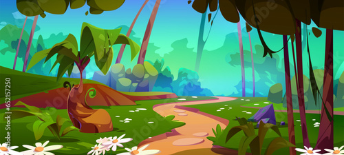Outgoing path in forest among trees, bushes and flowers. Cartoon vector illustration of spring or summer jungle landscape with leaving solid trail. Green woodland natural panorama with pathway.