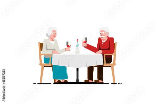 Old man couple drinking beverage on table, Dinner romantic in room, Vector illustration.