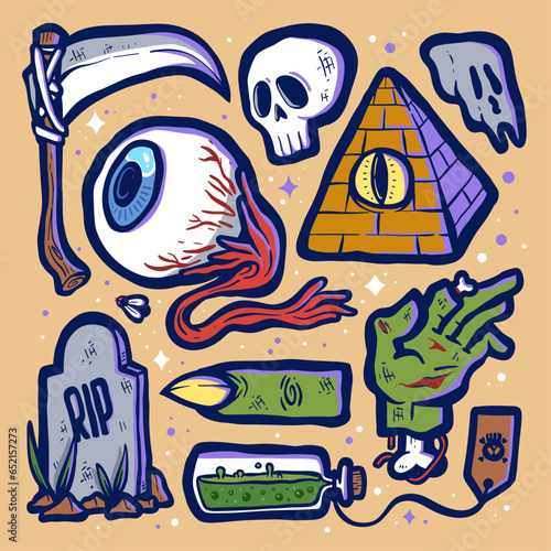 Sticker set of spooky and scary halloween elements vector