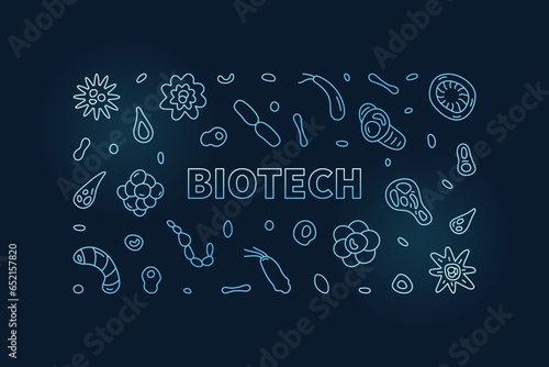 Biotech concept thin line vector horizontal blue banner - Biotechnology Science outline illustration