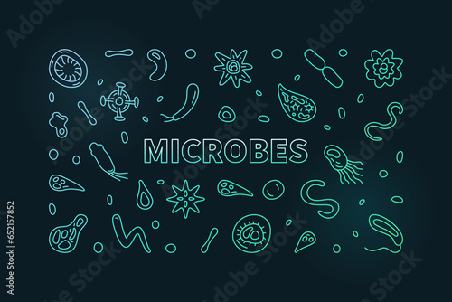 Microbes vector Science concept outline colorful horizontal banner or illustration with bacteria symbols