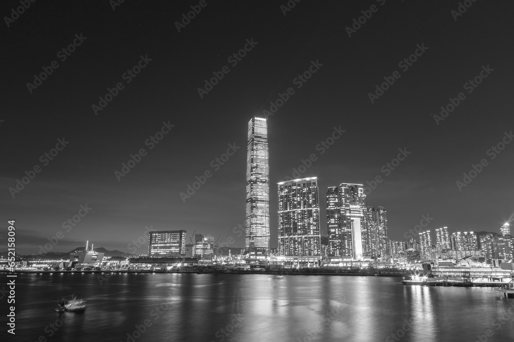 Night scenery of skyscraper, skyline and harbor of Hong Kong city