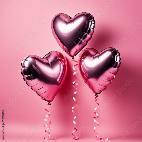 Pink and heart shaped helium balloons on pink background. Foil air balloons on pastel pink background. Minimal love concept. Valentine's Day or wedding party decoration. Metallic balloon, AI generated (ID: 652158400)
