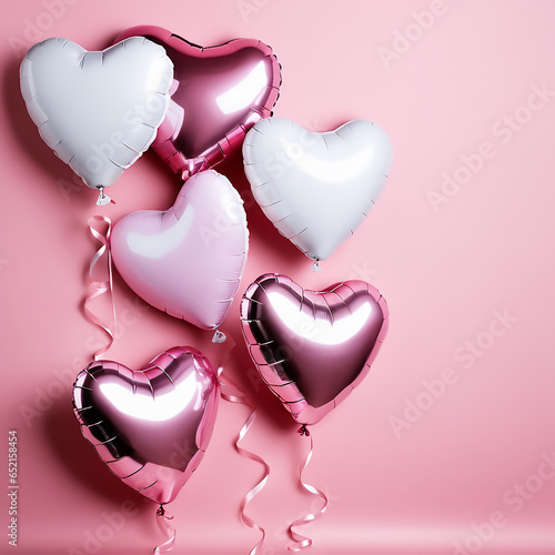 Pink and heart shaped helium balloons on pink background. Foil air balloons on pastel pink background. Minimal love concept. Valentine's Day or wedding party decoration. Metallic balloon, AI generated (ID: 652158454)