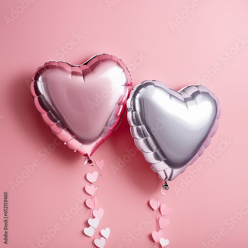 Pink and heart shaped helium balloons on pink background. Foil air balloons on pastel pink background. Minimal love concept. Valentine's Day or wedding party decoration. Metallic balloon, AI generated (ID: 652158460)
