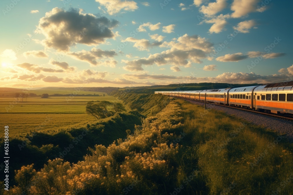 A sleek train courses through the heart of picturesque countryside, its rhythmic chugging harmonizing with nature's melody, bridging man-made marvel with earth's raw beauty.