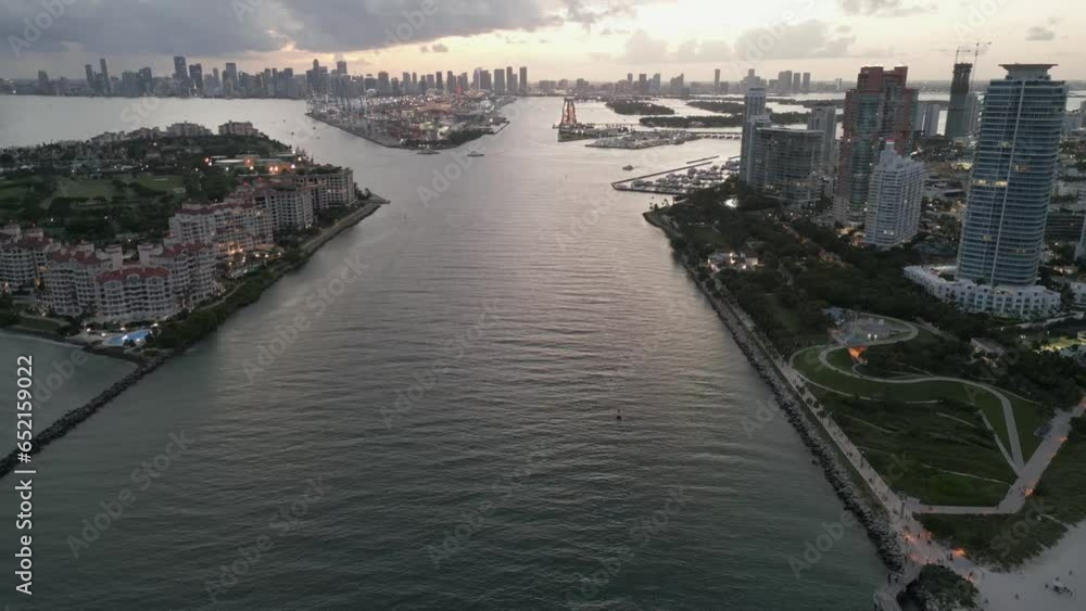 Miami aerial skyline south beach and downtown at distance during sunset Miami aerial skyline south beach and downtown at distance during sunset