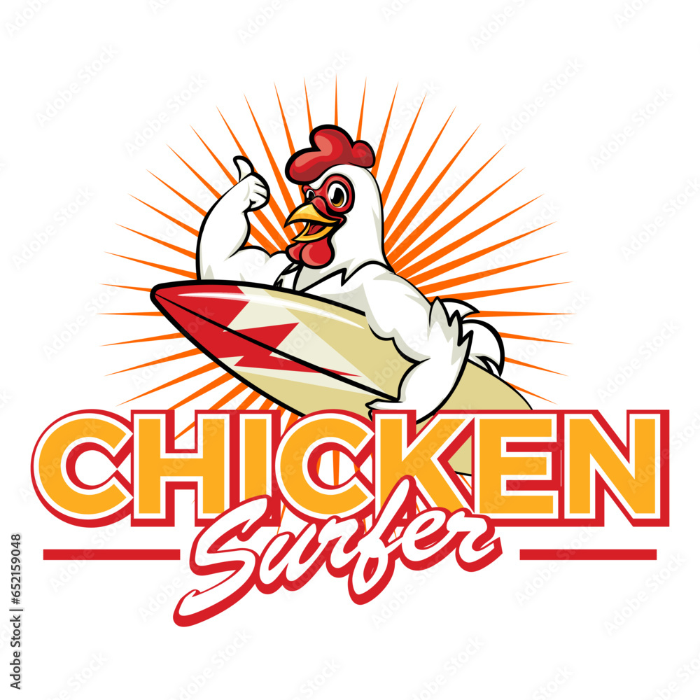 mascot logo of a surfer chicken carrying a surfboard giving a thumbs up, with the words chicken surfer underneath