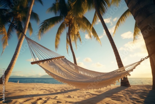 A solitary hammock, cradled between sun-kissed palm trees, gently sways to the rhythm of ocean breezes, offering an enticing haven of tropical tranquility.
