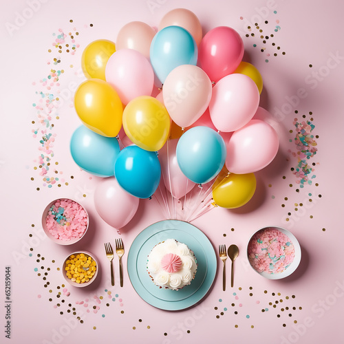 Beautiful happy birthday Background With Balloons, cake  and happy birthday texted on it Generative Ai technology (ID: 652159044)