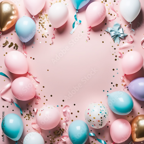 Beautiful happy birthday Background With Balloons, cake  and happy birthday texted on it Generative Ai technology (ID: 652159046)