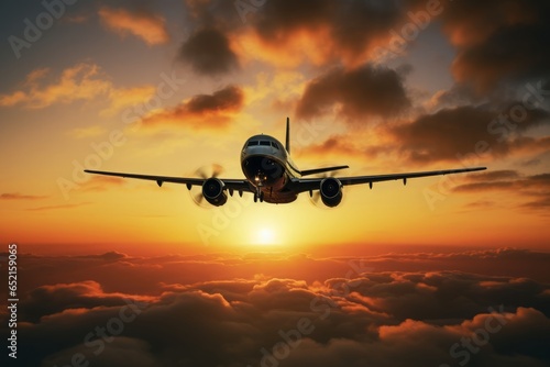 The graceful silhouette of an airplane soars through a canvas of golden hues and fiery reds, marking its ethereal journey against the backdrop of a captivating sunset.