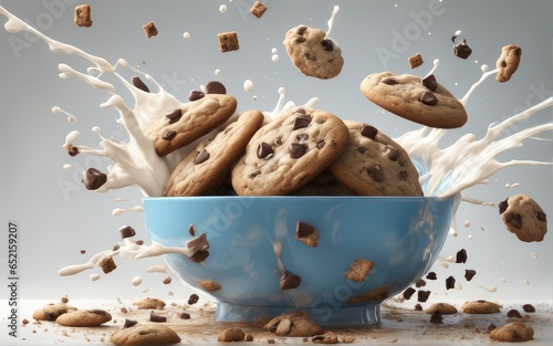 coockies with a splash of milk flying in the air