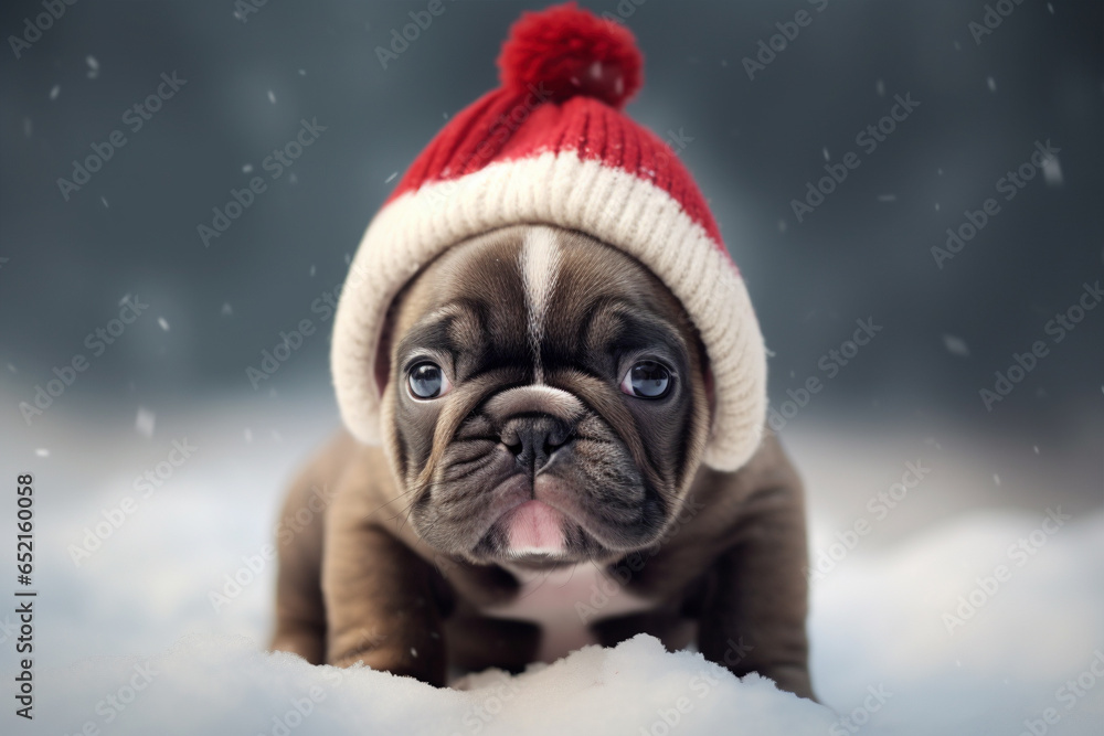 French Bulldog dog  puppy with knitted winter hat in snow