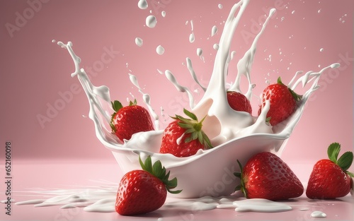 Strawberries with a splash of milk flying in the air