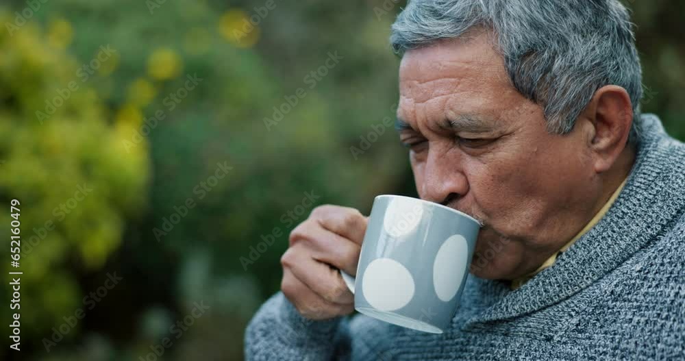 Senior, man and drinking coffee in garden for relax, outdoor and nursing home with caregiver for wellness. Old person, professional and tea in nature at retirement for breakfast in the morning Senior, man and drinking coffee in garden for relax, outdoor and nursing home with caregiver for wellness. Old person, professional and tea in nature at retirement for breakfast in the morning