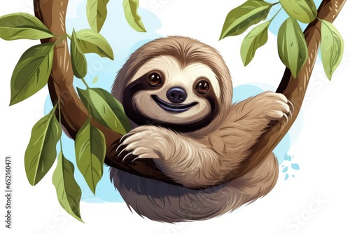 Funny sloth in nature. Drawn cartoon animal illustration.