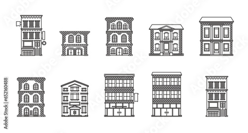 Building and house icons. Flat style buildings symbols for webs and apps on white background. Real estate. High quality architecture Vector illustration.