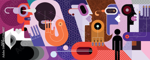 Large group of people modern art vector illustration. Creative mix includes people's faces, hands and abstract geometric shapes.