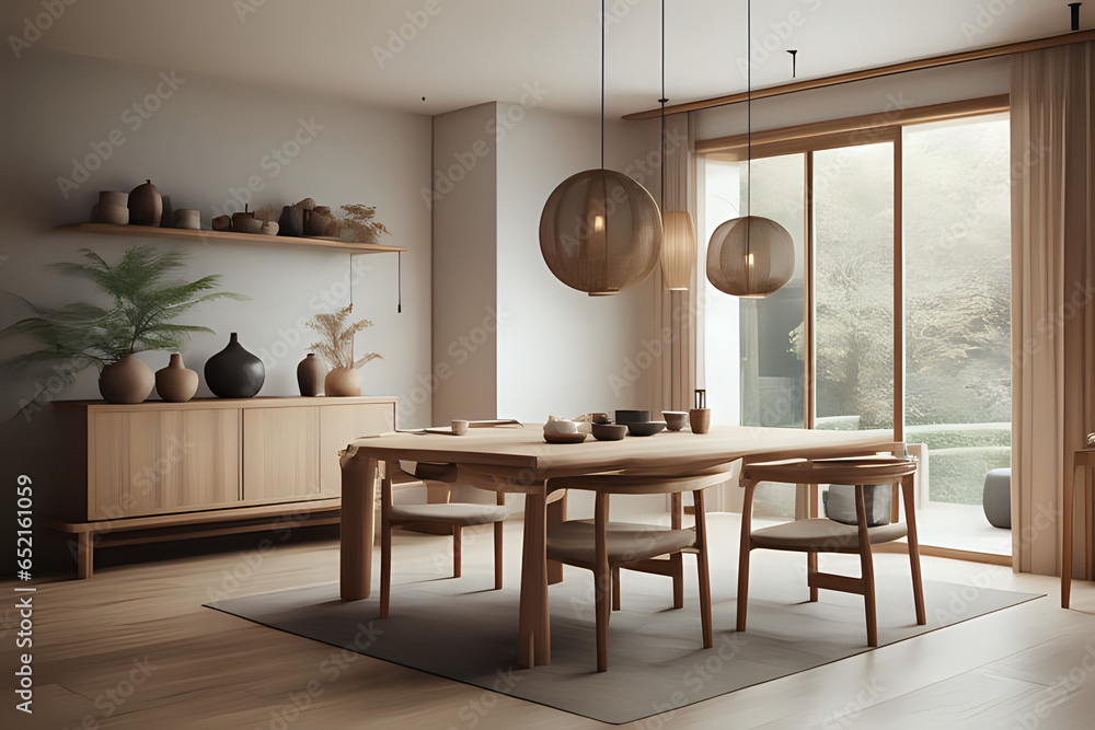 3D interior of a Japandi style interior dining room, a design with ...