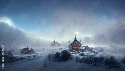 an english town on a hill with fog and snow cozy house lights cold wide angle concept art detailed realistic detailed 8k 