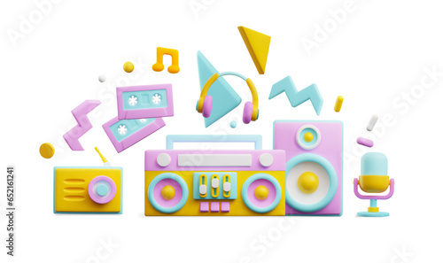 Retro 3D music listening and recording devices, vector boom box, cassette recorder, radio, headphones, microphone, party