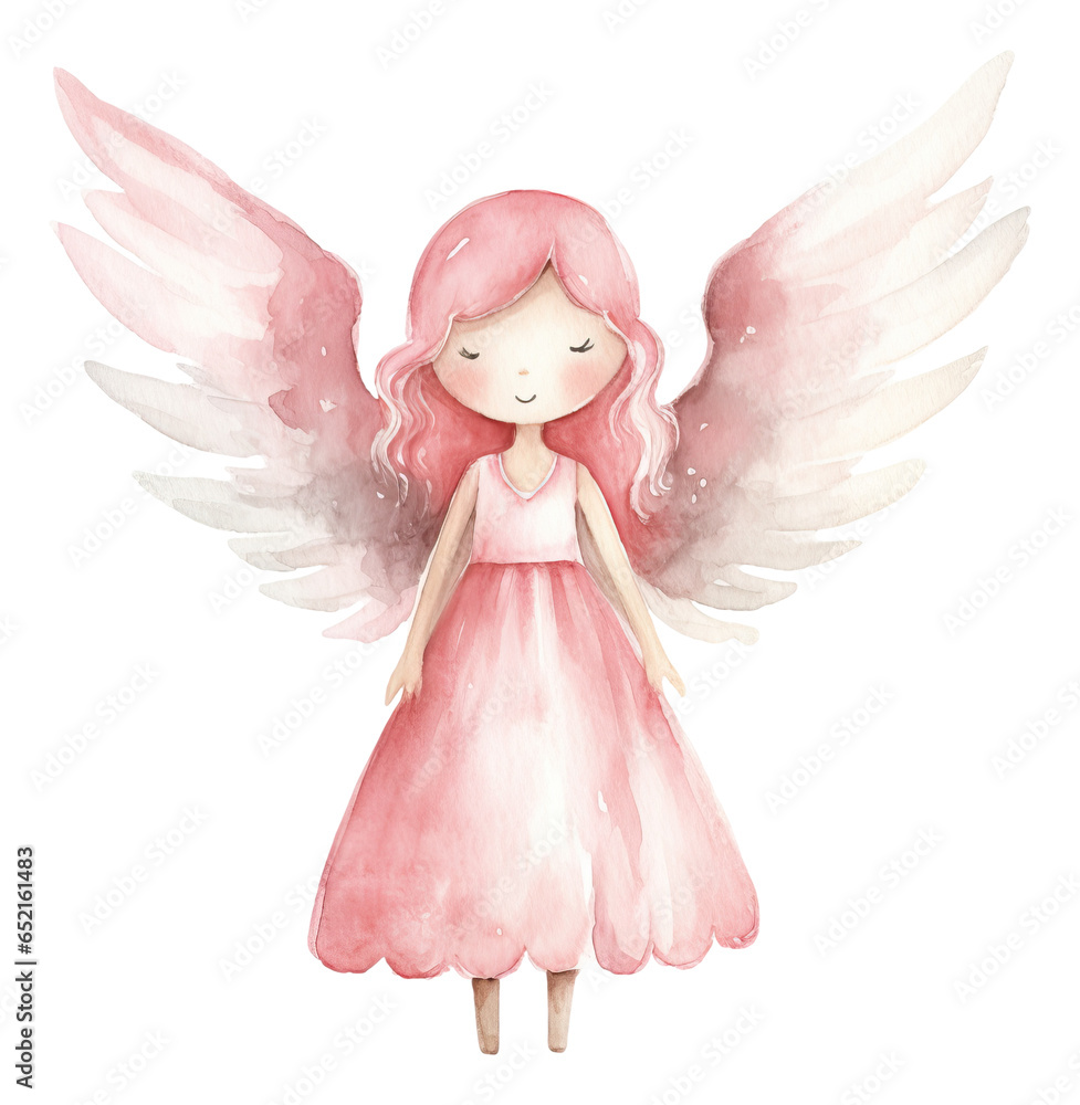 Watercolor illustration of cute angel figurine isolated.