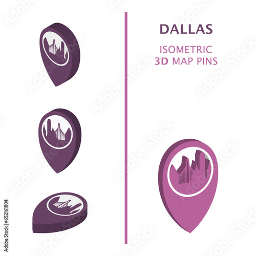 US Dallas 3D vector logo set. USA, United States of America Texas state. Isometric map pin, geolocation pointer, modern skyline icon, concept, isolated graphic