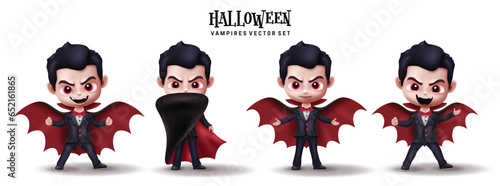 Halloween dracula characters vector set design. Halloween vampire character collection in standing pose wearing cape and robe elements. Vector illustration vampire character collection.
