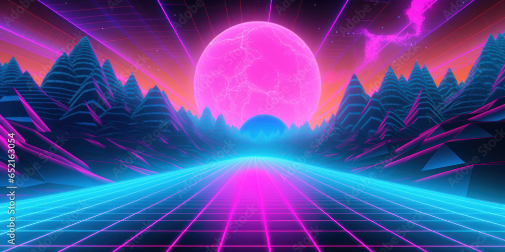 An 80s style background with blue, pink and purple neon colors and grid on the bottom. - obrazy, fototapety, plakaty 