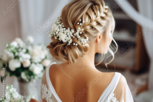 Close up on the hairstyle of a beautiful bride. Concept motif on the subject of hairdresser, wedding and wedding preparations. photo