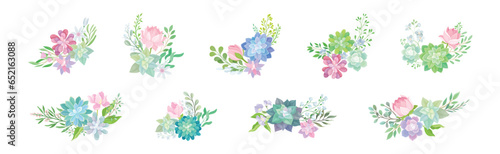 Succulent Plant Floral Composition with Fleshy Flower and Twigs Vector Set