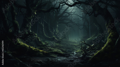 Dark forest landscape with old tree