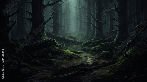 Dark forest landscape with old tree