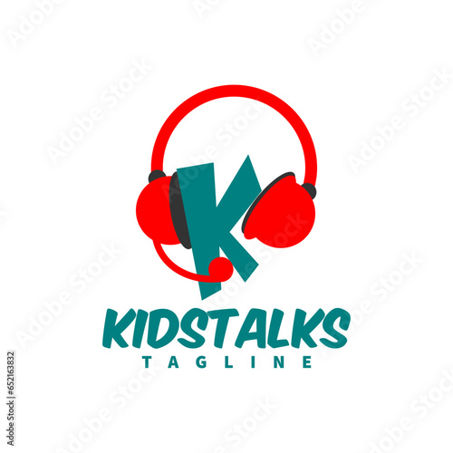 kids talks logo template with headphone and mic