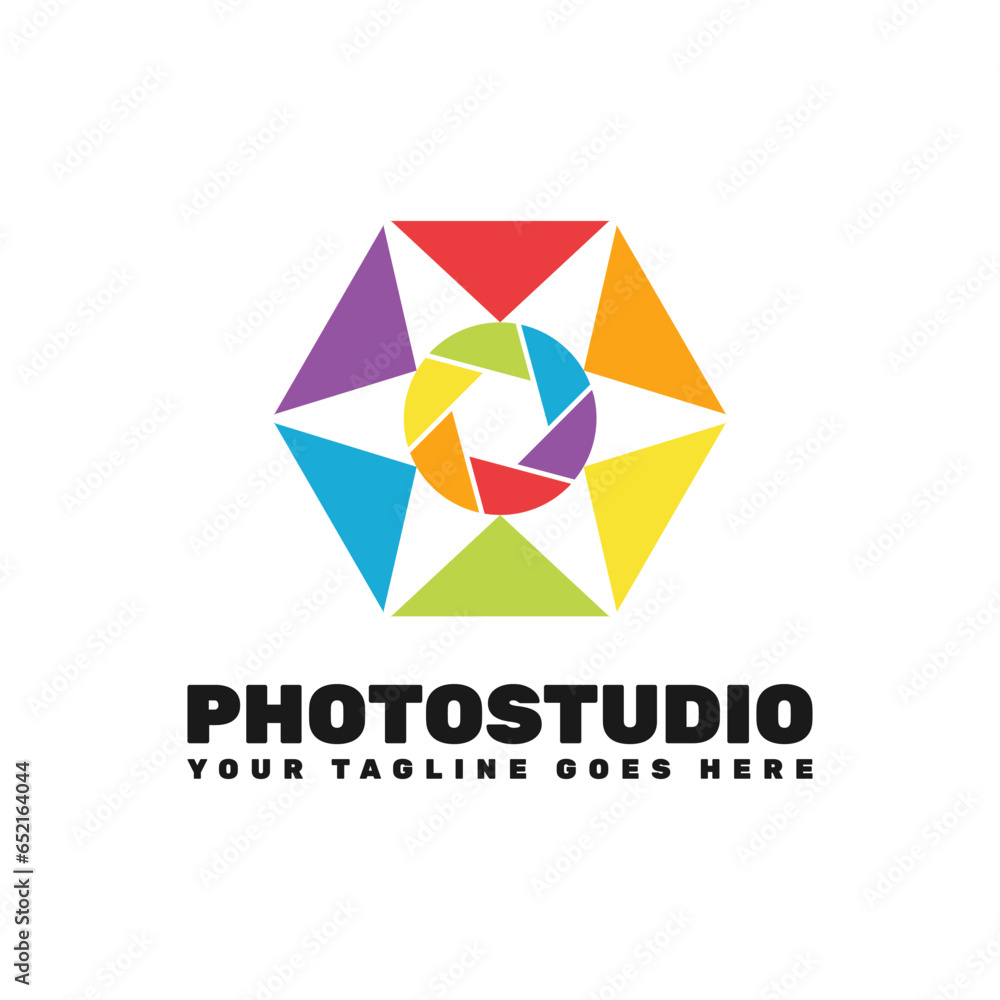 camera shutter in side of a negative space star hand hexa gon. photo studio logo template camera shutter in side of a negative space star hand hexa gon. photo studio logo template