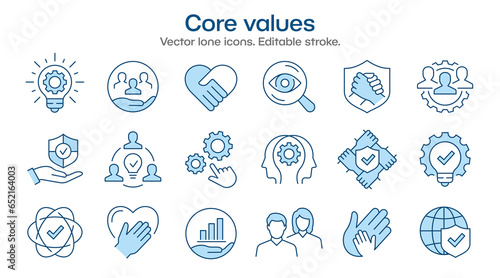 Photo Core values flat icons, such as business, social factors, mission, company, handshake and more